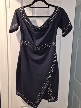 Pressed Navy Midi Dress with Silver Bead Trim